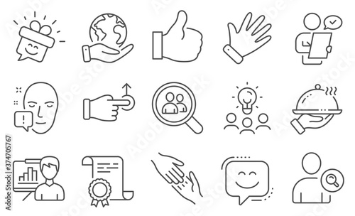 Set of People icons, such as Customer survey, Presentation board. Diploma, ideas, save planet. Face attention, Search employees, Smile face. Smile, Drag drop, Like. Vector