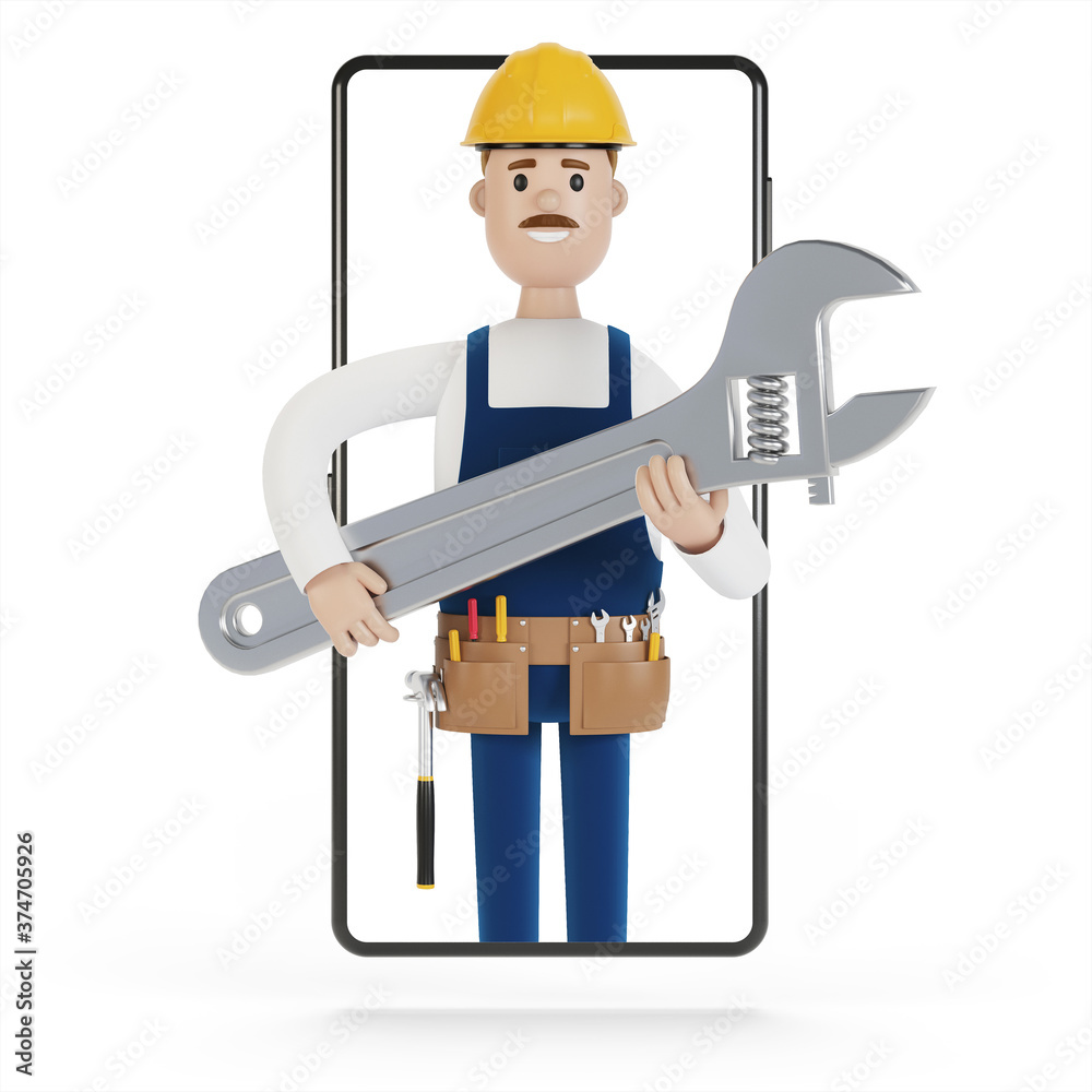 Plumber builder with big wrench in smartphone screen. Husband for an hour. Electrician, plumber, carpenter, calling the foreman to work. 3D illustration in cartoon style. Plumber builder with big wrench in smartphone screen. Husband for an hour. Electrician, plumber, carpenter, calling the foreman to work. 3D illustration in cartoon style.