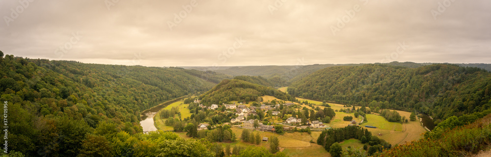 Panorama view Frahan valley and Semois river from viewpoint Rochehaut, Bouillon, Wallonia, Belgium
