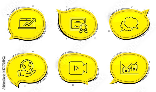 Video camera sign. Diploma certificate, save planet chat bubbles. Chat message, Financial diagram and Sales diagram line icons set. Speech bubble, Candlestick chart, Sale growth chart. Vector