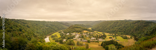 Panorama view Frahan valley and Semois river from viewpoint Rochehaut, Bouillon, Wallonia, Belgium