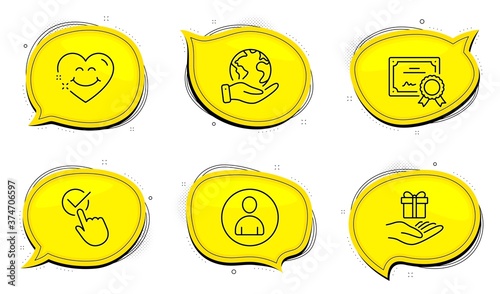 Avatar sign. Diploma certificate, save planet chat bubbles. Checkbox, Smile face and Loyalty program line icons set. Approved, Love heart, Gift. User profile. People set. Outline icons set. Vector