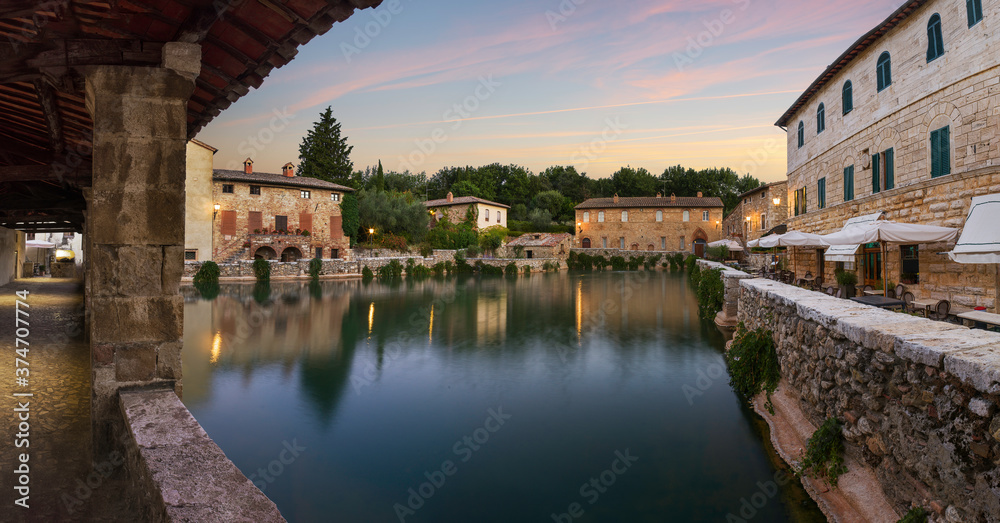 Thermal bath town of Bagno Vignoni, Italy during sunrise