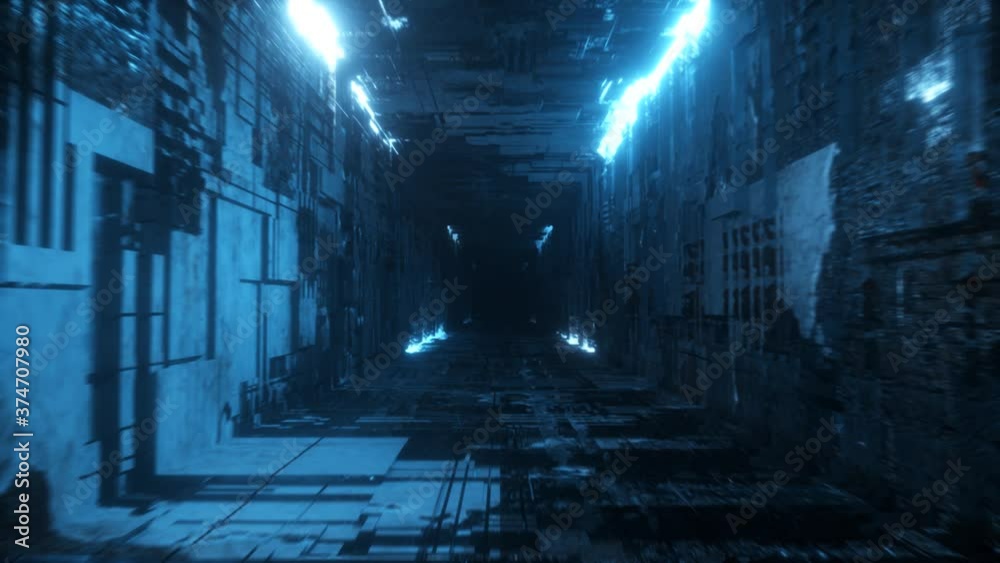 Endless flight in a futuristic metal corridor with neon lighting