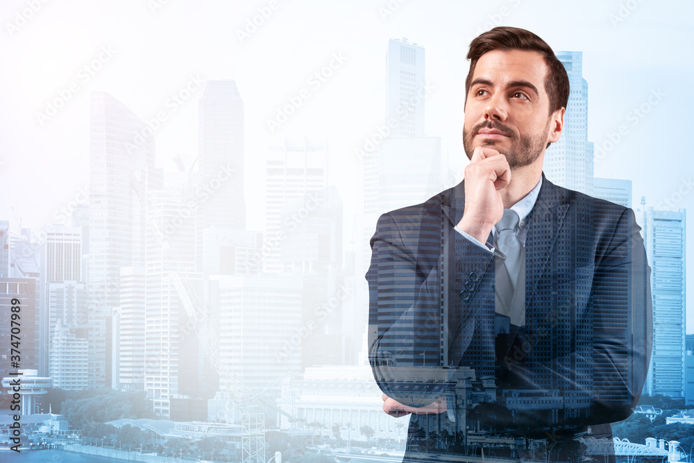 Young handsome businessman in suit with hand on chin thinking how to succeed, new career opportunities, MBA. Singapore on background. Double exposure. Young handsome businessman in suit with hand on chin thinking how to succeed, new career opportunities, MBA. Singapore on background. Double exposure.