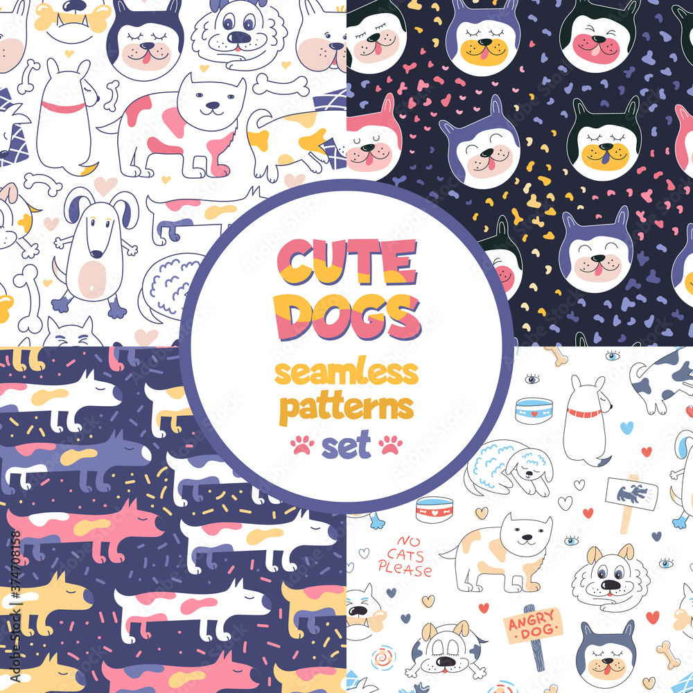 Seamless patterns set with multicolored dogs Seamless patterns set with multicolored dogs