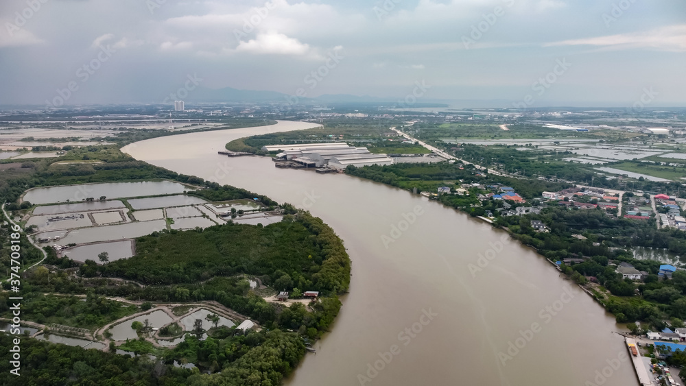 aerial view of the river in countryside of Thailand.