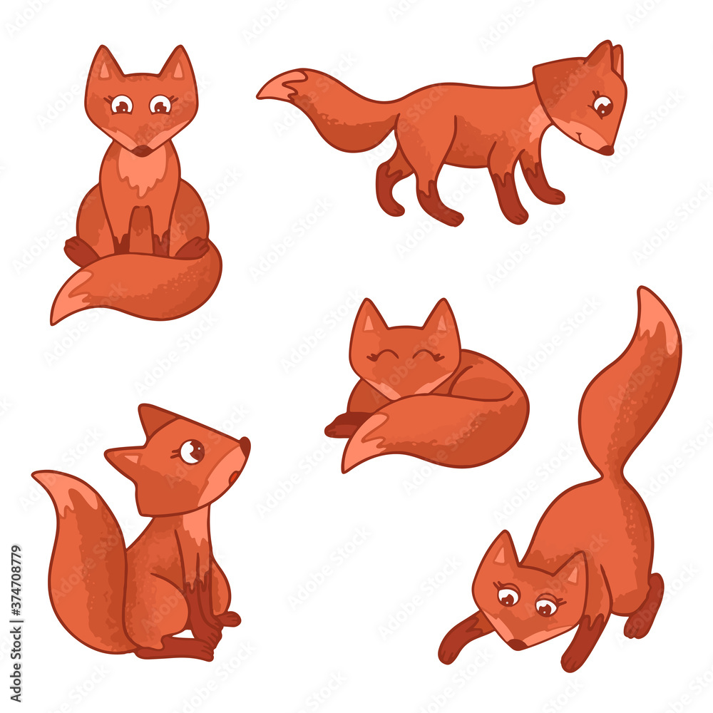 Set Red Fox in different poses with texture illustration for children vector