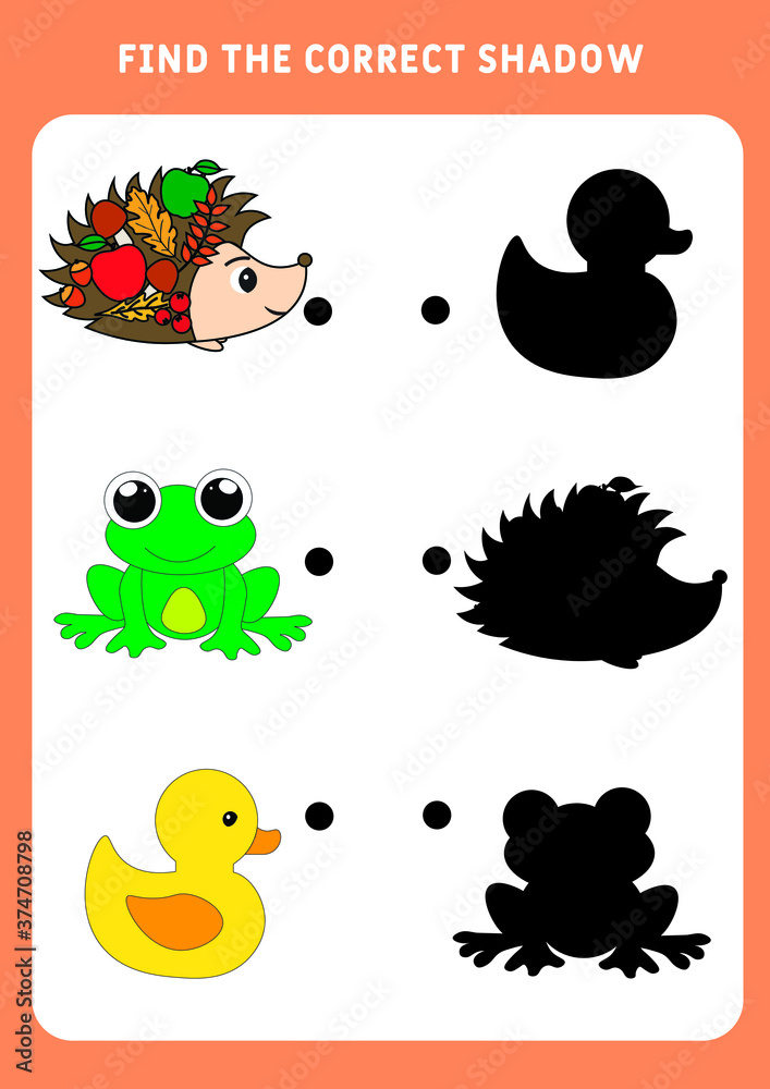 Find the correct shadow of cute cartoon animal . Set of animals. Educational matching game for kids. Worksheet for preschoolers. Vector illustration.