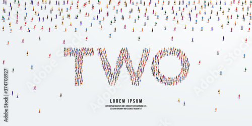 Number Two. Large group of people form to create the word Two or 2. Vector illustration.