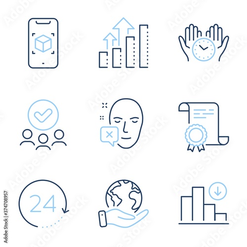 Face declined, Safe time and 24 hours line icons set. Diploma certificate, save planet, group of people. Augmented reality, Decreasing graph and Analysis graph signs. Vector