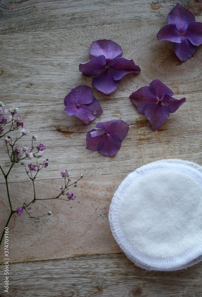 lilac flowers on wooden background
make-up remover 
zero waste