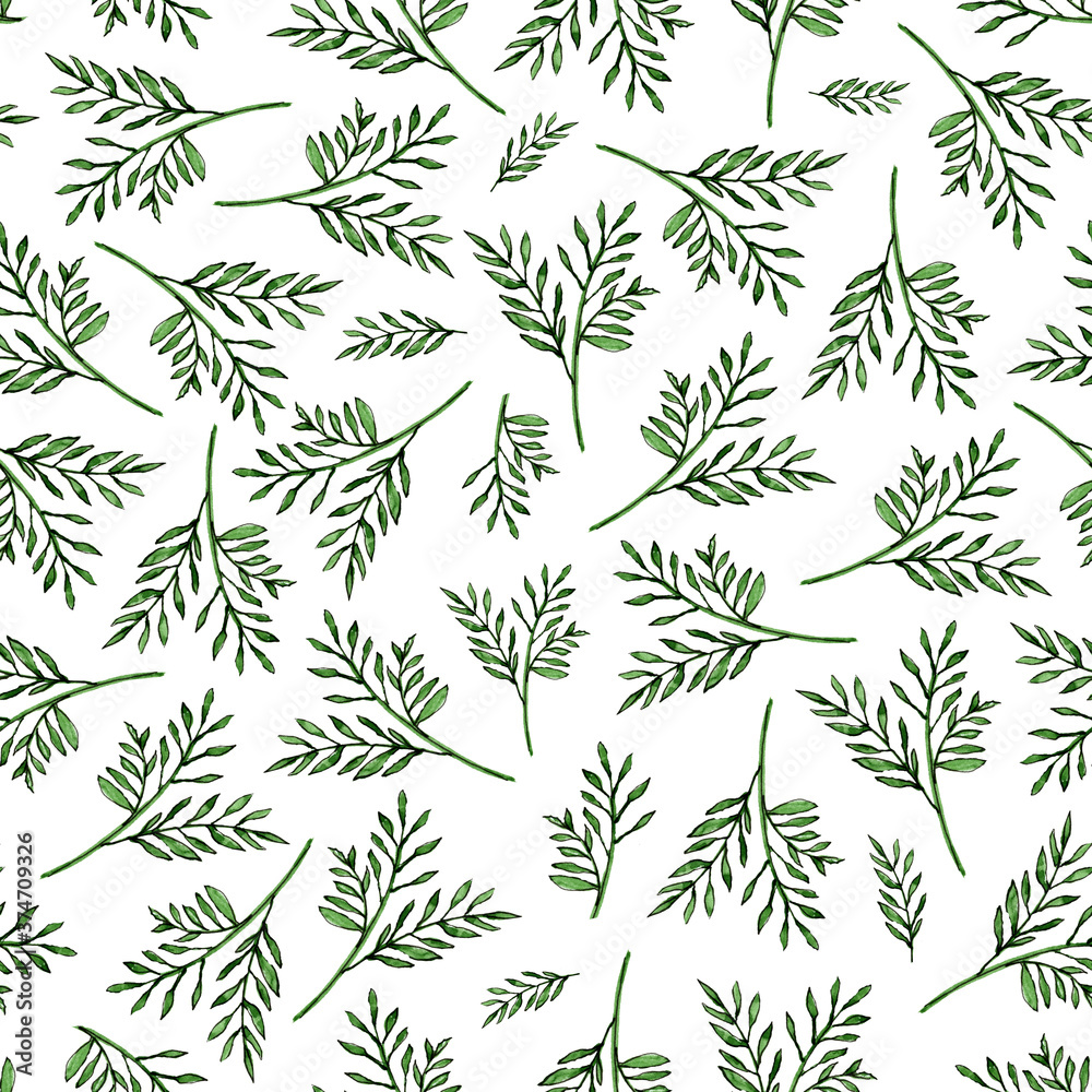 Pattern with watercolor green leaves