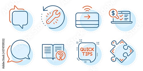 Strategy, Recovery tool and Quick tips signs. Messenger, Chat message and Help line icons set. Contactless payment, Online accounting symbols. Speech bubble, Documentation. Education set. Vector