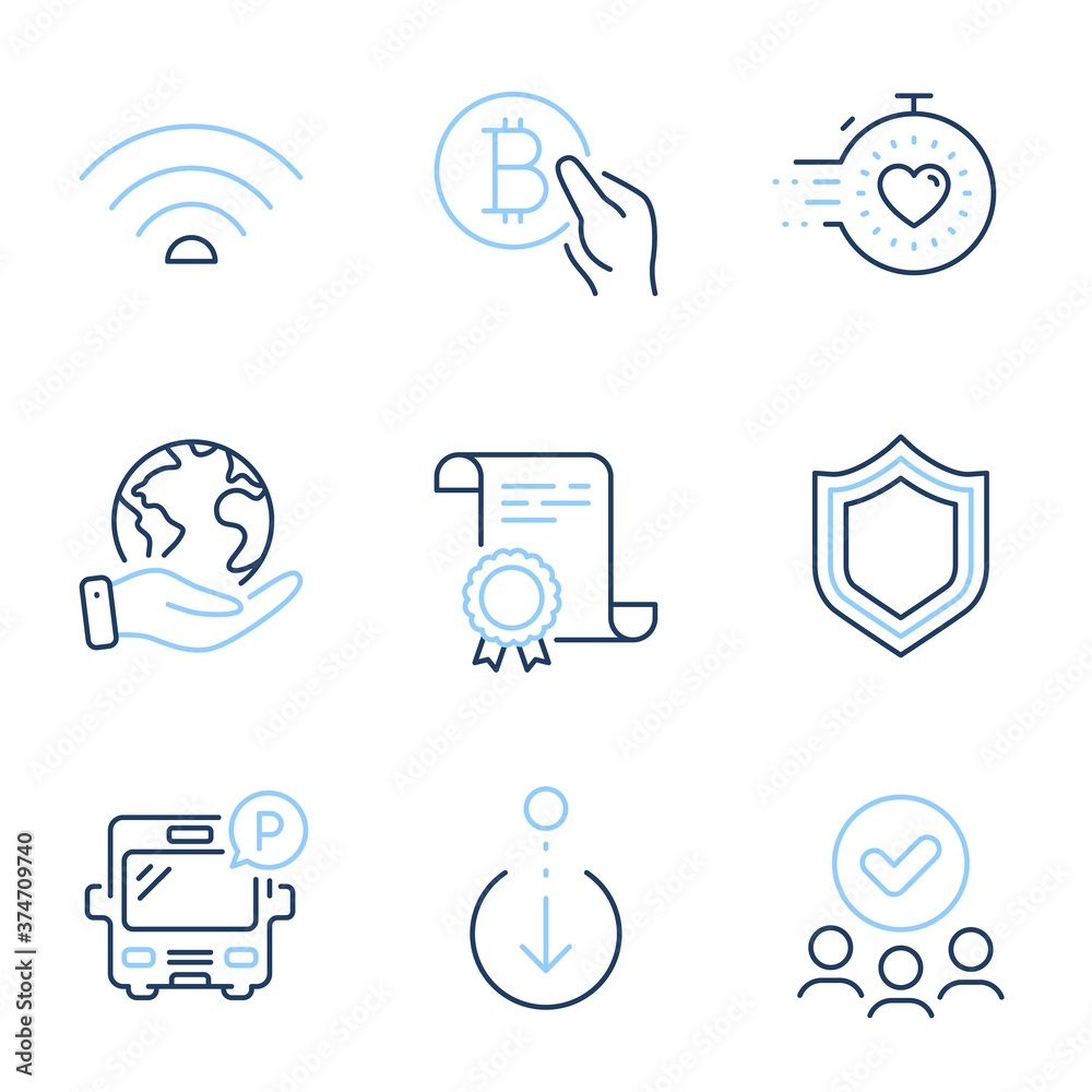Bitcoin pay, Scroll down and Security line icons set. Diploma certificate, save planet, group of people. Timer, Wifi and Bus parking signs. Cryptocurrency coin, Swipe screen, Protection shield. Vector Bitcoin pay, Scroll down and Security line icons set. Diploma certificate, save planet, group of people. Timer, Wifi and Bus parking signs. Cryptocurrency coin, Swipe screen, Protection shield. Vector