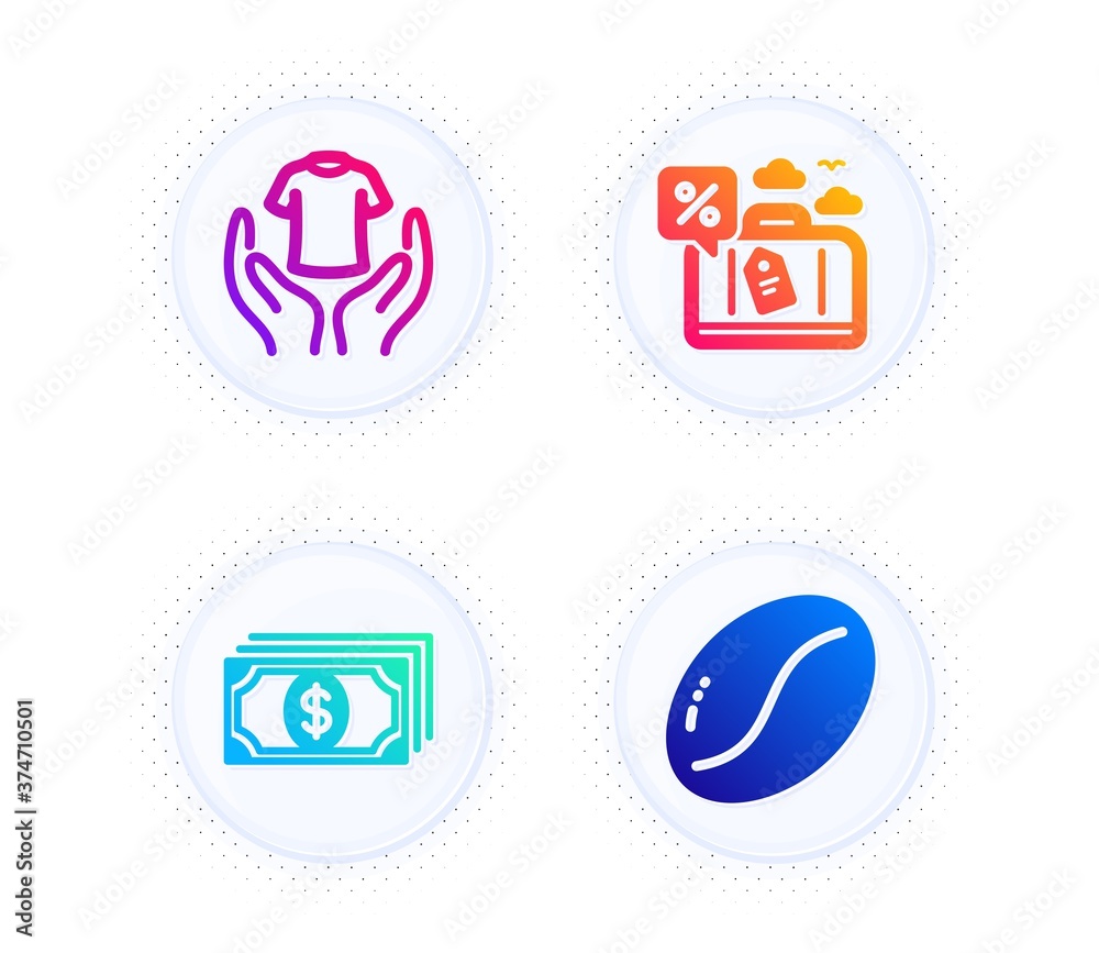 Travel loan, Payment and Hold t-shirt icons simple set. Button with halftone dots. Coffee beans sign. Trip discount, Finance, Laundry shirt. Vegetarian seed. Business set. Vector Travel loan, Payment and Hold t-shirt icons simple set. Button with halftone dots. Coffee beans sign. Trip discount, Finance, Laundry shirt. Vegetarian seed. Business set. Vector