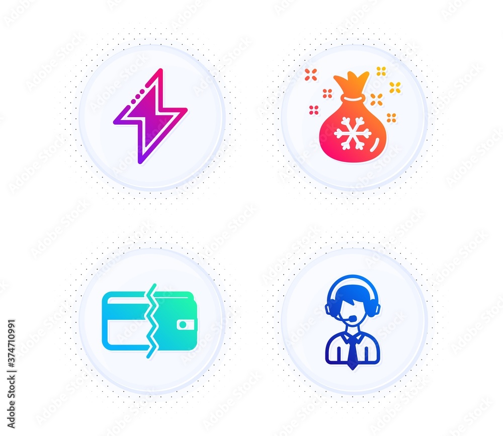 Payment methods, Santa sack and Energy icons simple set. Button with halftone dots. Shipping support sign. Wallet cash, Gifts bag, Thunderbolt. Delivery manager. Business set. Vector