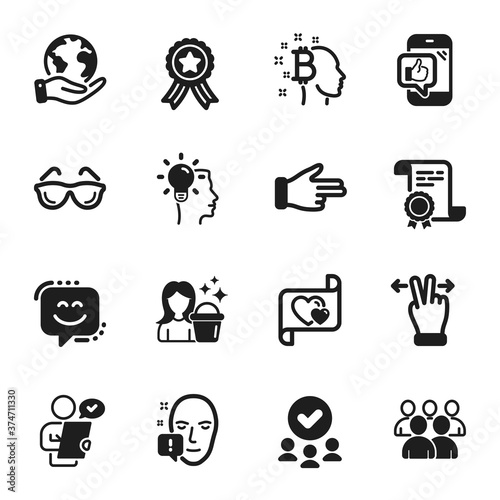 Set of People icons, such as Cleaning, Customer survey. Certificate, approved group, save planet. Idea, Love letter, Face attention. Smile face, Eyeglasses, Group. Vector