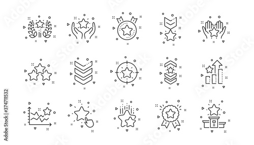 First place, star rating and winner medal. Ranking line icons. Shoulder strap, army achievement and star ranking icons. Linear set. Geometric elements. Quality signs set. Vector