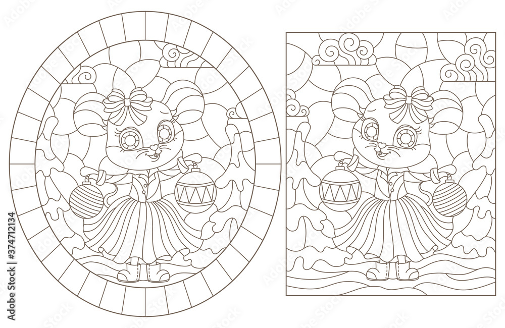 Obraz premium Set of contour illustrations in stained glass style with cute cartoon mice, dark outlines on a white background