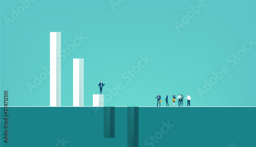  Business people standing next to growth bars, moving around carefully in order to avoid to fall down to the negative rate. Business concept illustration.