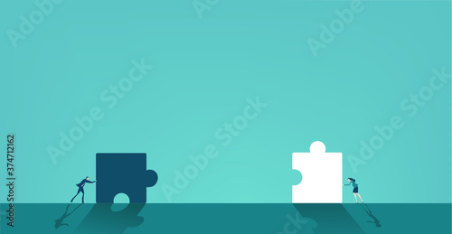  Business co Business people moving big puzzle piece. Working together, support, advisory, help and solving the problems Business concept illustration.
