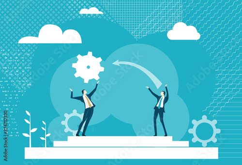 Two business people passing gear to each other as symbol of making a progress, good business together, support and control Business concept illustration.