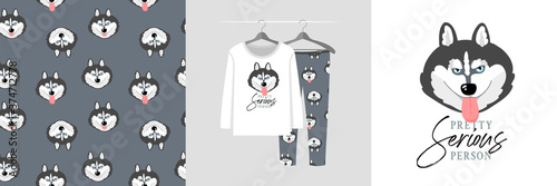 Seamless pattern and illustration set with husky, Pretty Serious Person text