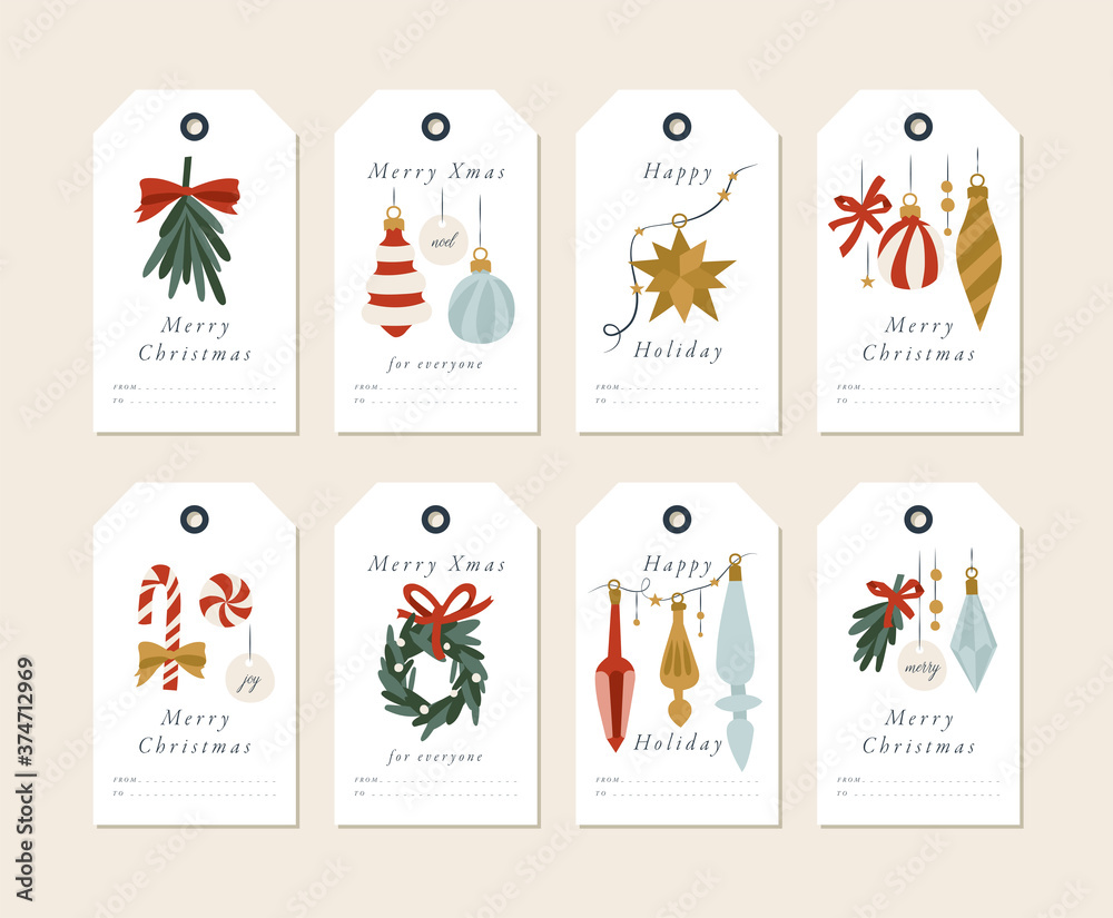Vector linear design Christmas greetings elements on white background. Christmas tags set with typography and colorful icon