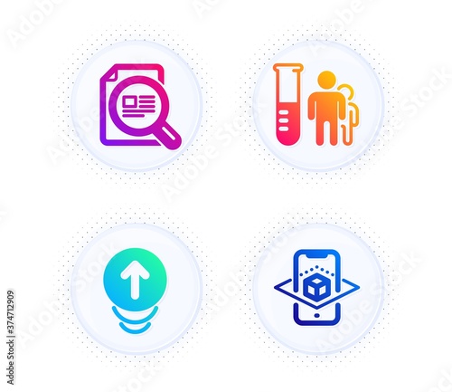 Swipe up, Check article and Medical analyzes icons simple set. Button with halftone dots. Augmented reality sign. Scrolling page, Magnifying glass, Medicine results. Phone simulation. Vector