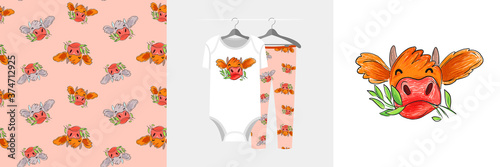 Seamless pattern and illustration set with cow chewing grass