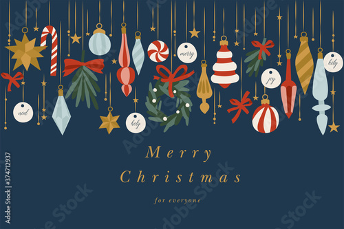 Vector illustartion design for Christmas greetings card. Typography and icons for Xmas background, banners or posters and other printables. Xmas decorations.