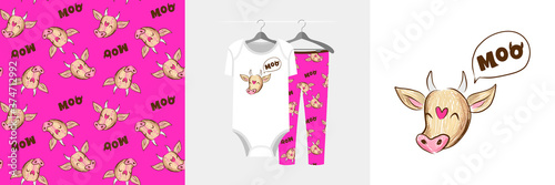 Seamless pattern and illustration set with cow head talking Moo.