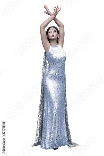 Medieval Fantasy Woman in Dress on Isolated White Background, 3D illustration, 3D Rendering

