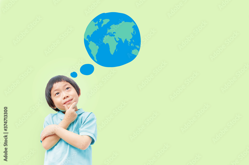 Think of the future of our children concept, Kid post arm on chin looking up to Earth on light green background Think of the future of our children concept, Kid post arm on chin looking up to Earth on light green background