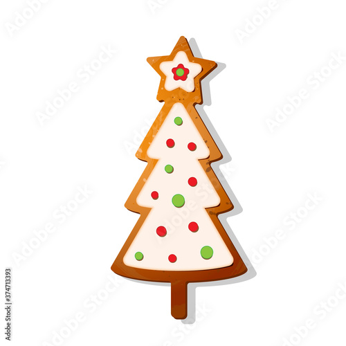 Merry Christmas. Christmas gingerbread cookies  with picture of tree. Winter holiday food. Vector illustration