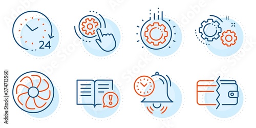 24 hours, Payment methods and Time management signs. Gear, Cogwheel settings and Facts line icons set. Fan engine, Gears symbols. Work process, Engineering tool. Business set. Vector