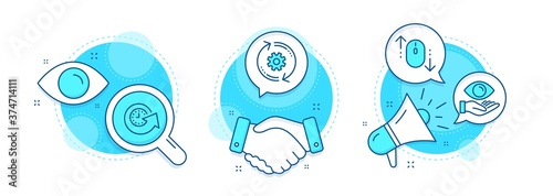 Health eye, Update time and Cogwheel line icons set. Handshake deal, research and promotion complex icons. Scroll down sign. Optometry, Refresh watch, Engineering tool. Mouse swipe. Vector