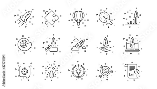 Launch Project, Business report and Target. Startup line icons. Strategy linear icon set. Geometric elements. Quality signs set. Vector