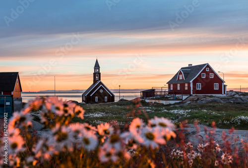 Greenland Ilulissat Sunset Church Flowers Arctic photo