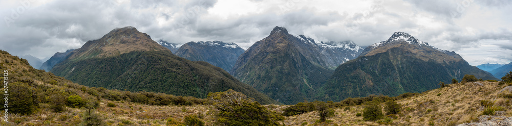 Panoramic view from Key Summit to the mountains of Fiordland National Park, Southland/New Zealand Panoramic view from Key Summit to the mountains of Fiordland National Park, Southland/New Zealand