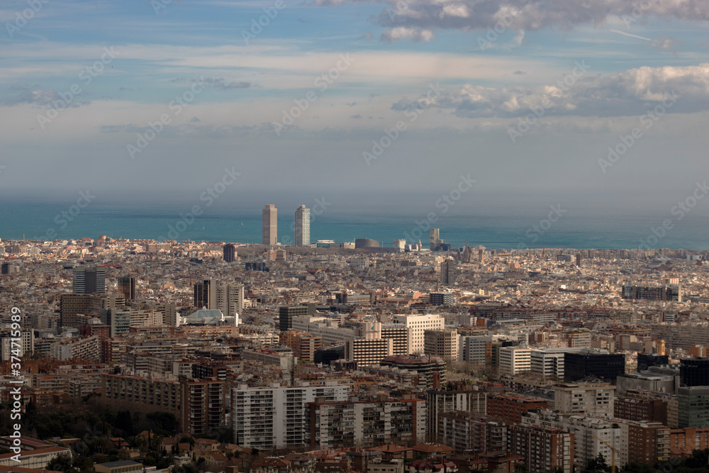 Barcelona city view and the sea from above