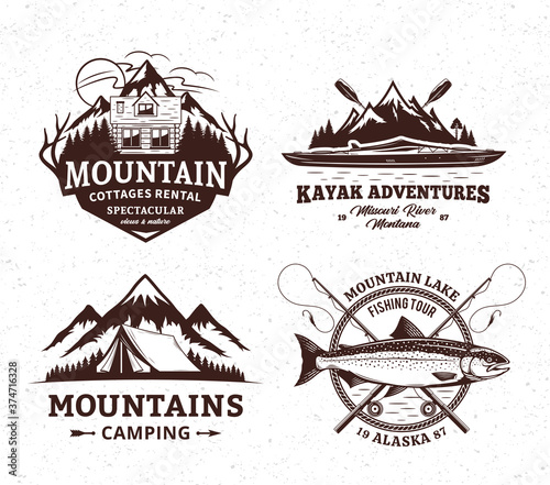 Vector mountain and outdoor active recreation and tourism badges. Mountain camping, cottage rental, kayaking and fishing illustrations