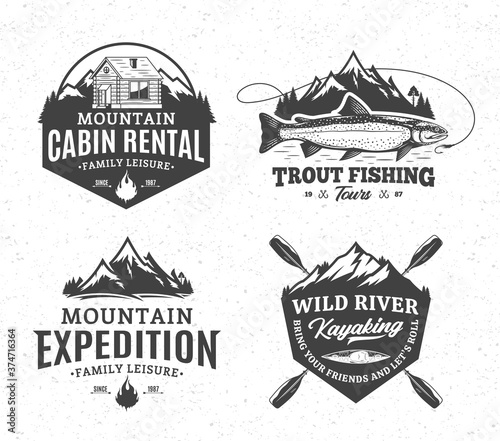 Vector mountain and outdoor active recreation and tourism badges. Mountain travel, cabin rental, kayaking and fishing illustrations