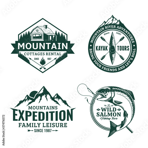 Set of vector mountain and outdoor recreation badges. Mountain travel, cottage rental, kayaking and fishing illustrations