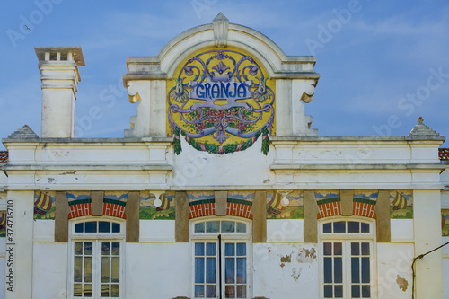 art nouveau azulejos tile panels at Granja railway station, near Porto, Portugal