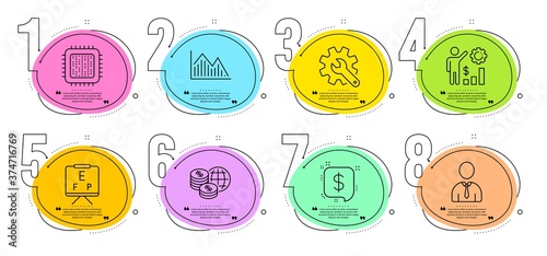 Human, Customisation and Investment graph signs. Timeline steps infographic. World money, Employees wealth and Cpu processor line icons set. Payment message, Vision board symbols. Vector