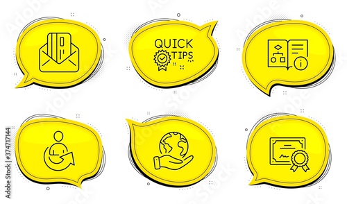 Technical algorithm sign. Diploma certificate, save planet chat bubbles. Quick tips, Share and Credit card line icons set. Helpful tricks, Referral person, Mail. Project doc. Education set. Vector