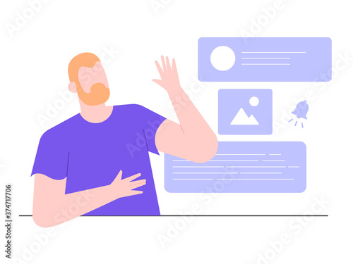 Young man and information noise on the Internet. Comments, posts on social networks, notifications of new messages. Vector flat illustration.