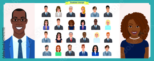 Business avatars set.Young smiling business people in round icons.Vector illustration of flat design people characters.Cute, simple cartoon style.Man, woman in business clothes.Positive business team